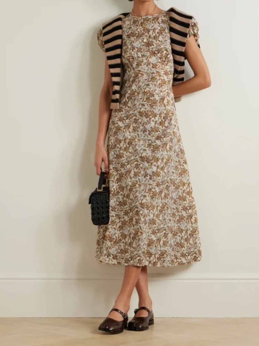 Doen Rhodia Dress - Floral Puff-Sleeve Midi Dress in Cream and Brown NWT